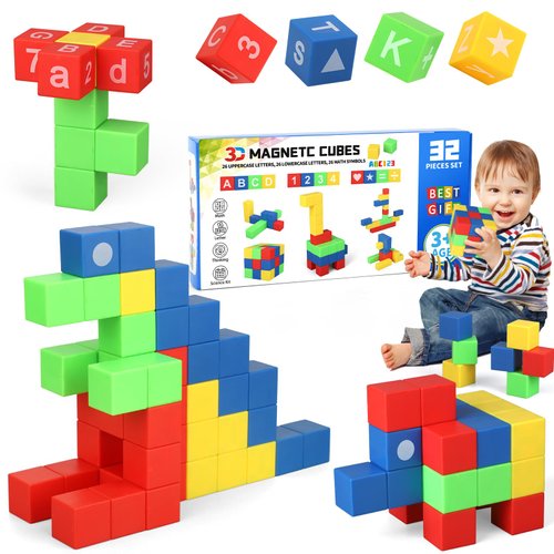 Dilabnba 32PCS Magnetic Building Blocks for Kids Ages 3-5, 1Inch Magnetic Blocks for Toddler, 3D Magnet Cube Montessori Toy, Preschool STEM Educational Sensory Magnet Toy with Letter Number Graph