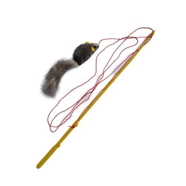 Kats'N Us Cat Fishing Pole Wand with Real Rabbit Fur Mouse Toy - Interactive, Durable Rattle Mouse Cat Toy, Design for Indoor Cats, Natural Gray