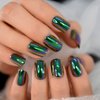 iBeautying Press on Nails - Press On Nails - Chrome Holo Color Green False Nails | Metallic Punk Designed Short Square Reusable Fake Nails in 10 Sizes - 24 Nail Kit with Jelly Glue Pad