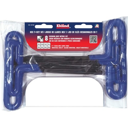 EKLIND 55168 Cushion Grip Hex T-Key allen wrench - 8pc set Metric MM sizes 2-10 (6In shaft)