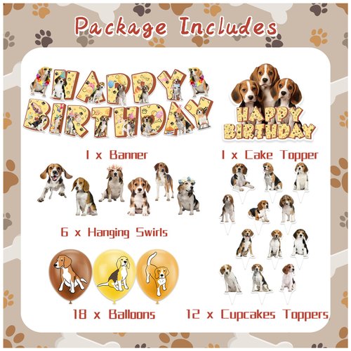 Beagle Theme Party Supplies Beagle Birthday Party Decorations Includes Beagle Happy Birthday Banner Cake Cupcake Toppers Hanging Swirls Balloons for Beagle Dog Birthday Party