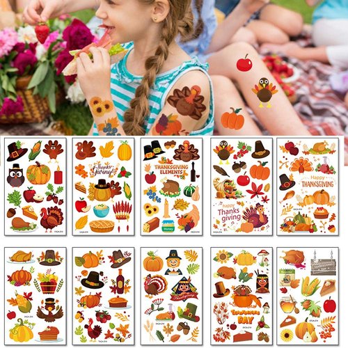 Kids temporary Tattoos Stickers Thanksgiving Day Tattoos Autumn Harvest Face Body Art Decoration Stickers Turkey Pumpkin 10 Sheets