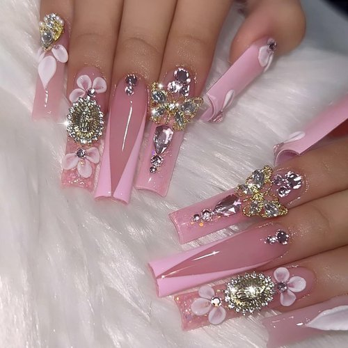 Long Square Press on Nails RTKHFZE French Fake Nails with Rhinestones Designs Artificial Nails Flower and Butterfly Press on Nails Pink Full Cover Acrylic Nails Stick on Nails for Women Manicure