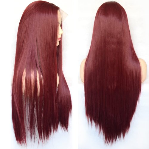 BLUPLE Dark Red Lace Front Wigs T-Lace Part Wine Red Long Silk Straight Hair Wigs with Middle Part Synthetic Hair Replacement Full Wigs for Women Daily Wear (22Inch, Straight,Red)