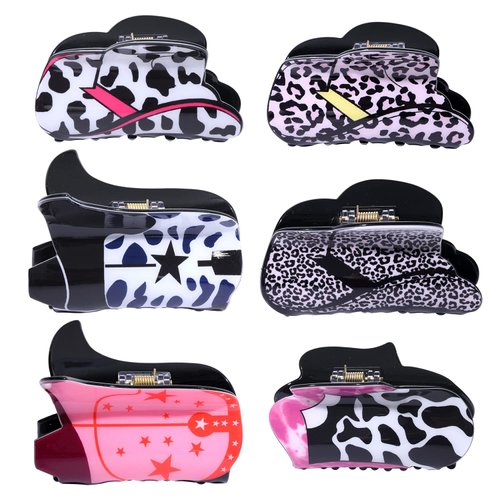 Vokone Hair Clip 6 Pack, Western Cowgirl Boot & Hat Claw Clips, Leopard Star Print, Strong Holder for Thick Hair, Accessory for Women