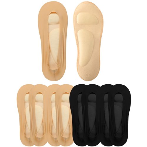 Eurzom 4 Pairs Arch Support Socks for Women No Show Liner Socks 3D Padded Nylon Socks Sponge Cushion Non Slip Massage(Black, Light Skin, Medium)