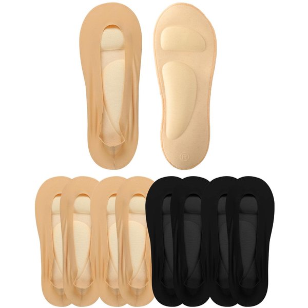 Eurzom 4 Pairs Arch Support Socks for Women No Show Liner Socks 3D Padded Nylon Socks Sponge Cushion Non Slip Massage(Black, Light Skin, Medium)