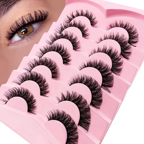 Russian Strip D Curl Lashes 16mm Fake Faux Mink Lashes that Look Like Extensions Curly Volume Cat-Eye Lashes Wispy Flu-ffy Eyelashes 7 Pairs Pack(HR-2D08)