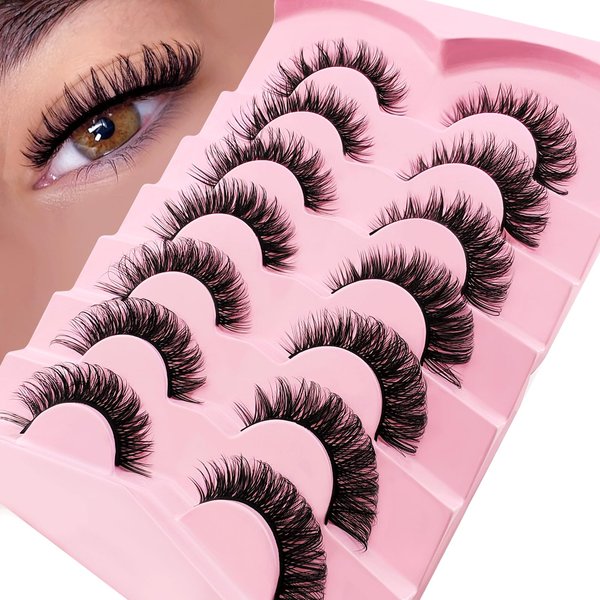 Russian Strip D Curl Lashes 16mm Fake Faux Mink Lashes that Look Like Extensions Curly Volume Cat-Eye Lashes Wispy Flu-ffy Eyelashes 7 Pairs Pack(HR-2D08)