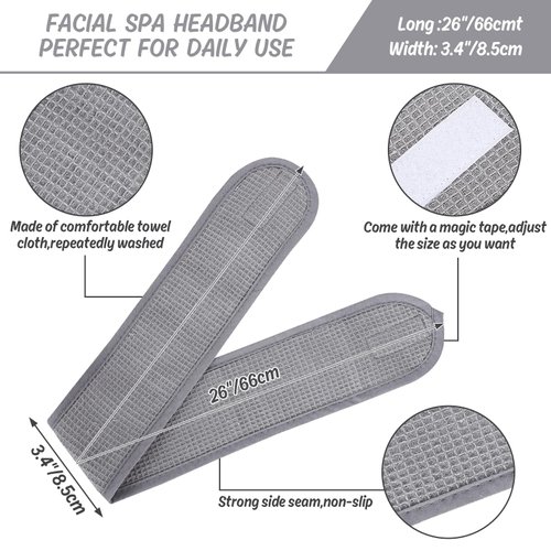 Whaline 3Pcs Spa Facial Headband White Black Grey Head Wrap Terry Cloth Waffle Adjustable Makeup Headband for Bath Sports Washing Face Shower