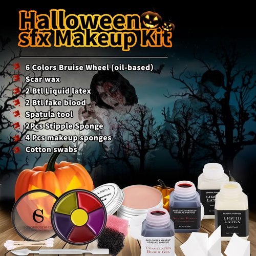 CHASPA Halloween Liquid Latex Special Effects SFX Makeup Kit - Scar Wax + 2 Btl Liquid Latex + 2 Btl Fake Blood + Spatula Tool + 2Pcs Stipple Sponge + 4Pcs Makeup Sponges + Cotton Swabs