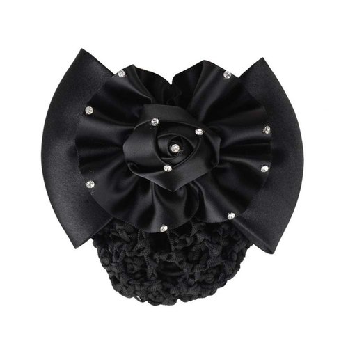 Women's Rhinestone Satin Bow Hair Accessory - Barrette, Bowknot Snood, and Net Hair Clip for Hotel, Airline, and Medical Professionals (Black)