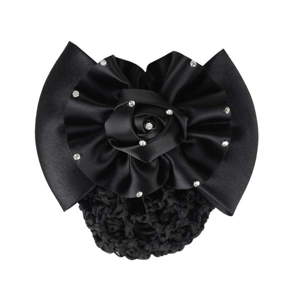 Women's Rhinestone Satin Bow Hair Accessory - Barrette, Bowknot Snood, and Net Hair Clip for Hotel, Airline, and Medical Professionals (Black)