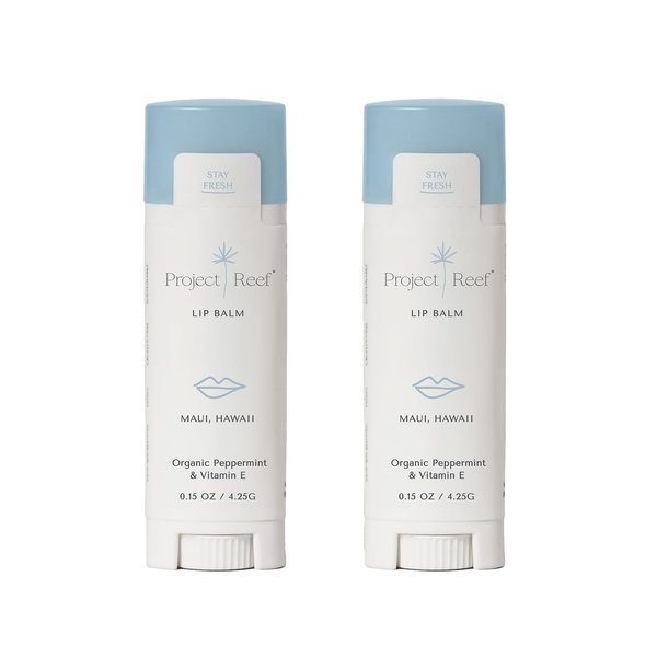 Project Reef Cooling Lip Balm w/Organic Peppermint, Shea Butter, Vitamin E, Hydrating Chapstick, Soothe Dry Sunburnt Lips, After Sun Care, 2 Pack