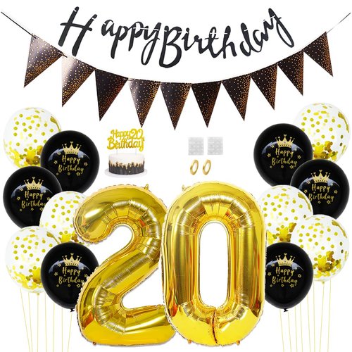 Daimay 20th Birthday Party Decorations Gold Black Happy Birthday Latex Confetti Balloons Triangle Flag Banner Number 20 Foil Balloon Cake Topper for Men Women Anniversary Birthday Party Supplies