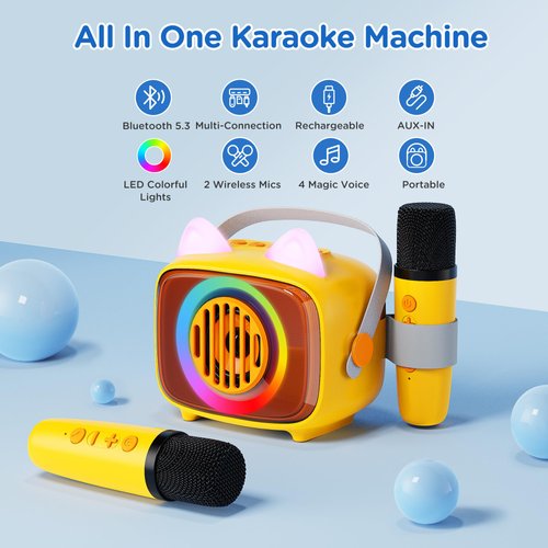 BIGASUO Karaoke Machine for Kids, Mini Portable Bluetooth Speaker with 2 Wireless Microphones and LED Lights, Kids Toys Ideal Gifts for Girls & Boys Birthday Home Party