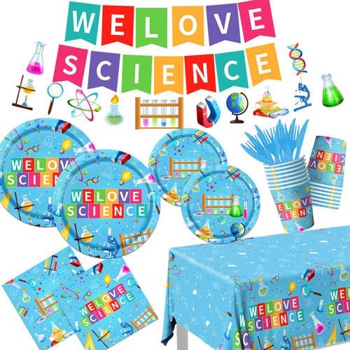 Science Party Decorations,142pcs Science Party Tableware Include Science Birthday Party Plates and Napkins Cup Tablecloth for Science Party Supplies