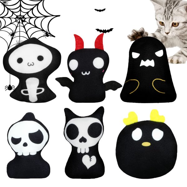 YHomU Cat Catnip Toys Horrible Halloween Ghost Cat Chew Toy Bite Resistant Catnip Toys Set of 6 Ghost Monster 2-Sided Catnip Filled Teething Chew Toys Pet Gift for Kitten Cats