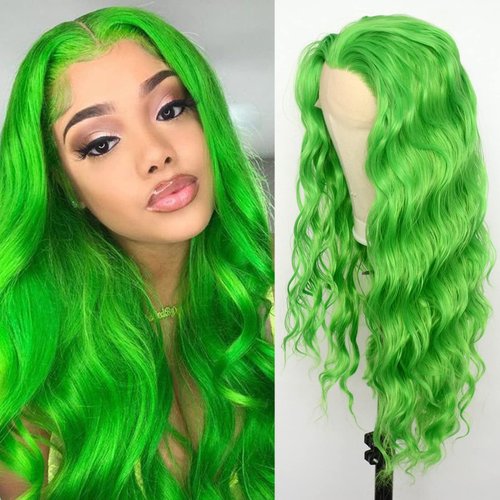 Luwigs Green Lace Front Wigs Curly Wavy Synthetic Heat Resistant Fiber Wigs for Women Lime Green Loose Wave Per Plucked Natural Hairline (22 Inch, Green,Curly)