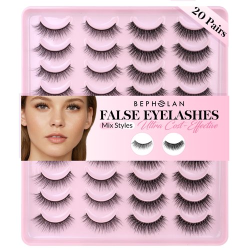 Bepholan False Eyelashes 20 Pairs Pack Natural Look Fluffy 3D False Lashes Soft Faux Mink Strip Lashes Volume Fake Eye Lashes（H02)