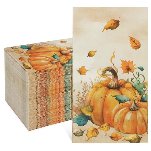 Homlouue 100 Pcs Fall Napkins, 3 Ply Thanksgiving Napkins Pumpkins Autumn Leaves Paper Napkins, Disposable Fall Pumpkins Paper Guest Towels for Thanksgiving Harvest Party Table Decor Dinner Bathroom
