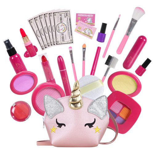 RONGGE Unicorns Gifts for Girls Pretend Play Makeup Toys Beauty Set for Toddler Little Girl Age 3 4 5 6 7 8 Kids Your Princess Niece Granddaughter Birthday Christmas (Fake Cosmetic 28pcs Kits)