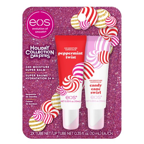 eos Holiday 24H Moisture Super Balm- Peppermint Twist, Candy Cane Swirl, Limited-Edition Lip Treatment, Stocking Stuffers, Holiday Lip Mask, 0.14 oz, 2-pack