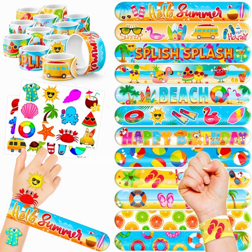 48 Beach 24PCS Beach Temporary Tattoos Sticker 24PCS Slap Bracelets Perfect for Themed Birthday Party Favors Baby Showers or Classroom Rewards Ideal Decor and Gifts for Girls and Boys
