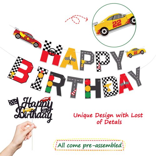 Race Car Birthday Party Supplies, Race Car Birthday Banner and Cake Topper Racing Chequered Flag Hot Wheel Themed Birthday Party Supplies