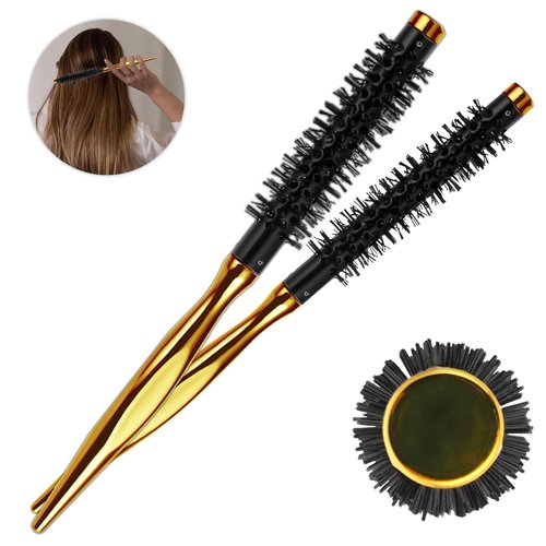 Pcmursal 2 pieces Small Curling Brush, 0.86 Inch and 1.1 Inch Small Round Brush for Blow Drying, Portable Curling Brush Mini Quiff Roller Brush with Smooth Handle and Nylon Bristles (Gold)