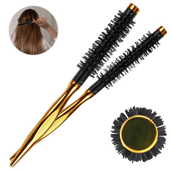 Pcmursal 2 pieces Small Curling Brush, 0.86 Inch and 1.1 Inch Small Round Brush for Blow Drying, Portable Curling Brush Mini Quiff Roller Brush with Smooth Handle and Nylon Bristles (Gold)