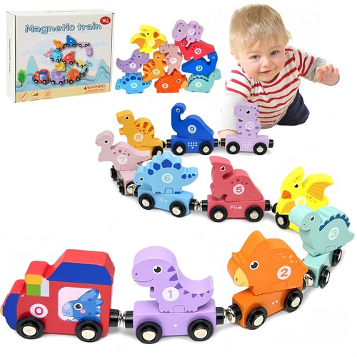 Wooden Train Set Dinosaur Train Toys - Train Toys for Toddlers 3-5, Magnetic Train Matching and Number Learning Color Toys, Montessori Toys Fine Motor Skill Educational Toy for 2 3 4 5 Years Old Kids