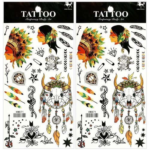 Indian Head Tribal Chief Waterproof Temporary Tattoos Fake Tattoo For Neck Arm Hands Leg Body Art Sticker Decal Festival Body Paint Adults Men and Women (Pack 2 PCS.)