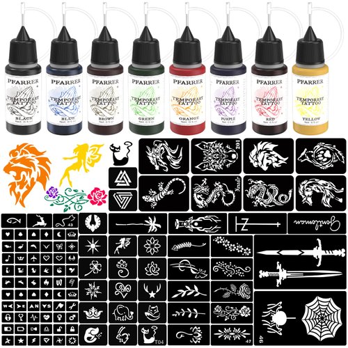 PFARRER Temporary Tattoo Kit 8 Bottles Color Temporary DIY Tattoo Ink,105 Pcs Stencils Kit for Body Paint Fake Tattoos for Kids&Women (Black,Red,Green,Blue,Yellow,Purple,Brown,Orange)