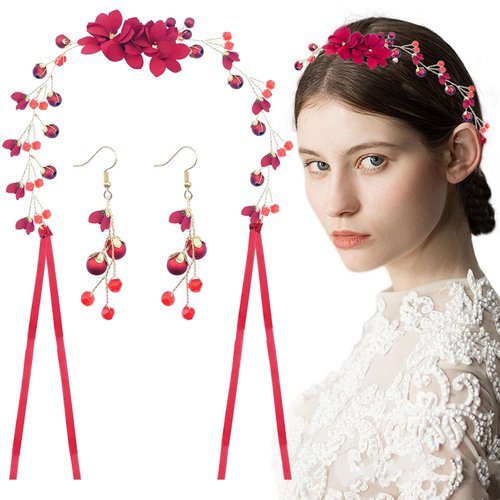 Jaczora Pearl Crown Bridal Hair Band Headband, Non-Slip Rose Flower Hair Accessories rhinestone Floral Bride Ear Dangler Earring for Women Girls Wedding Engagement Birthday Christmas Decorations
