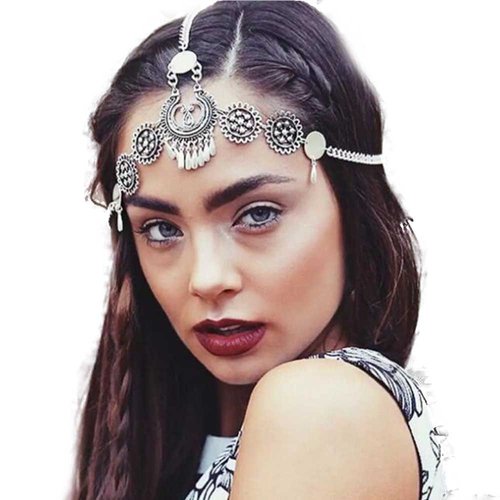 Missgrace Bohemian Vintage Dainty Silver Metal Chain Jewelry Headband Head Hair Band Tassels Pearl Bridal Head Chain for Women