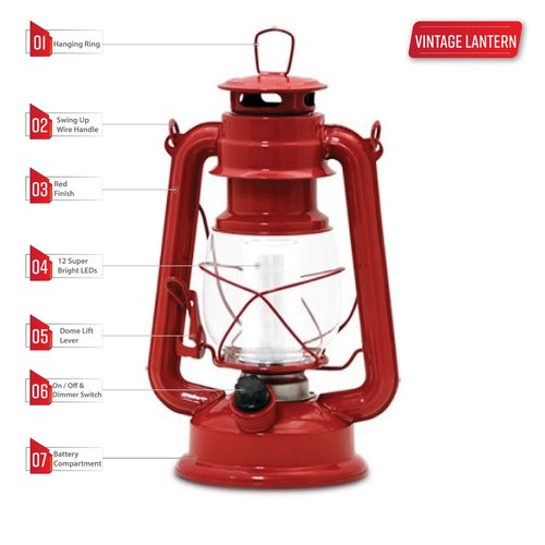 Northpoint Vintage Style Red Hurricane Lantern with 12 LED's and 150 Lumen Light Output and Dimmer switch, Battery Operated Hanging Lantern for Indoor and Outdoor Usage ,10" x 6" x 6"