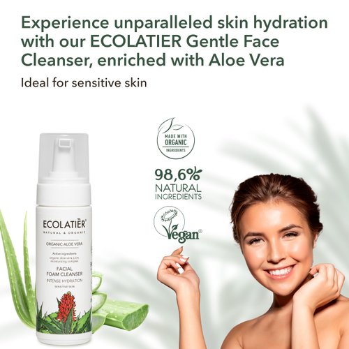 ECOLATIÈR Facial Foam Cleanser Intense Hydration Organic Aloe Vera – 98.6% Natural, Vegan, Gentle Face Wash for Women, Hydrating for Sensitive Skin, 5.1 Fl Oz