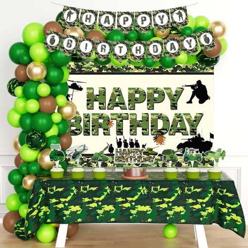 Fiesec Army Party Decorations, Army Camo Military Birthday Party Decorations Backdrop Balloon Garland Arch Banner Tablecloth Cake Cupcake Topper Tank Camouflage Green Black