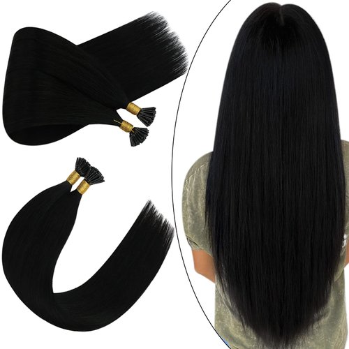 Ugeat I Tip Hair Extensions Real Human Hair for Black Women Pre Bonded I Tips Hair Extensions Jet Black Natural Hair Extensions Cold Fusion I Tip Human Hair Extensions Black for Women 20 Inch 50s
