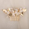 Handmade Ceramic Flower Wedding Hair Accessories for Women Rhinestone Pearl Gold Alloy Leaf Wedding Hair Comb Bridal Jewelry Trendy Wedding Headpiece for Bride