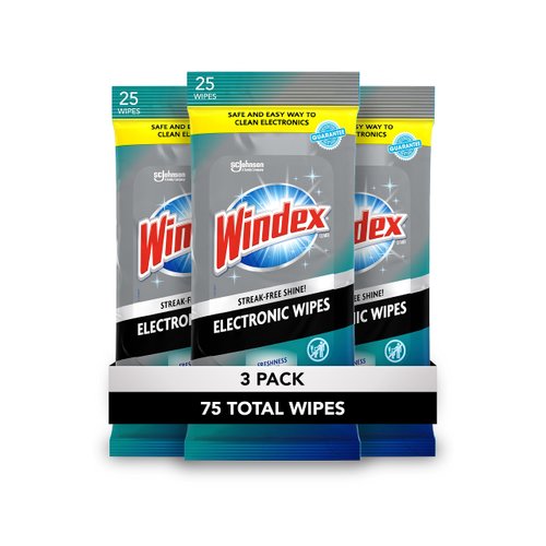 Windex Electronic Cleaning Wipes, Pre-Moistened Screen Wipes for TVs, Phones, and Other Electronics, Resalable for a Freshness Lock, 25 Count (Pack of 3)