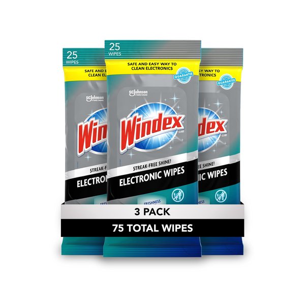 Windex Electronic Cleaning Wipes, Pre-Moistened Screen Wipes for TVs, Phones, and Other Electronics, Resalable for a Freshness Lock, 25 Count (Pack of 3)