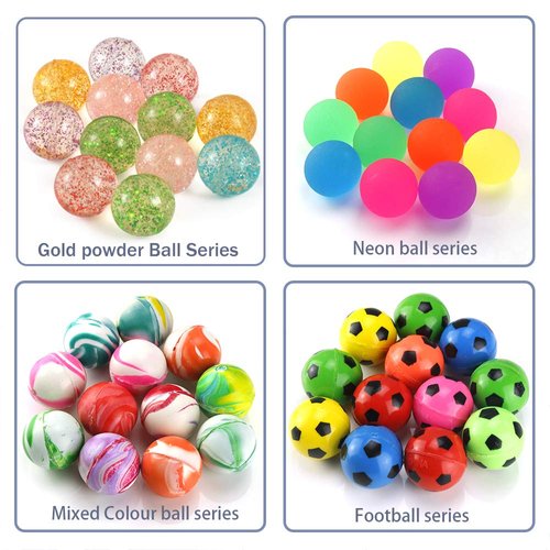 Pllieay 48 Pieces 4 Style 25mm Bouncy Balls Bulk Set Include Mixed Colour Ball Series, Neon Ball Series, Football Series and Gold Powder Ball Series for Party Bag Fillers