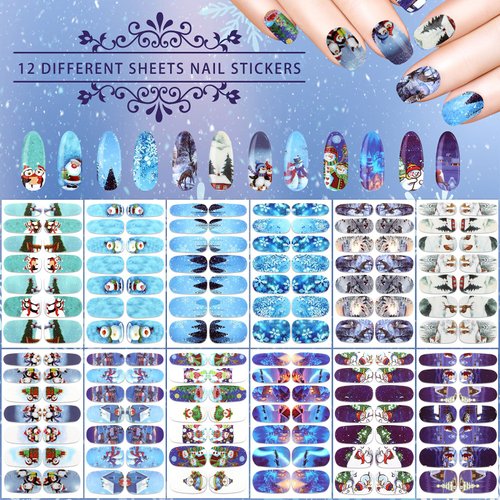168 Pieces Christmas Full Wrap Nail Art Stickers Snowflakes Snowman Deer Nail Polish Stickers Self-Adhesive Holiday Winter Nail Art Decal Strips with Nail File for Women DIY Nail Decoration