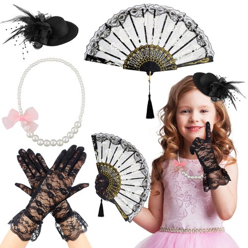 Sintege 4 Pcs Girls Tea Party Supplies Set Tea Party Gloves Hats Girls Tea Party Necklace Fan for Girls Tea Party Favor(Black)