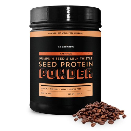 Sun Bay Organics Pumpkin and Milk Thistle Seed Vegan Protein Powder - 1lb Canister - Coffee Plant Based Protein Powder Shake Mix - 13g Protein Blend - Soy, Dairy, Sugar, and Gluten Free