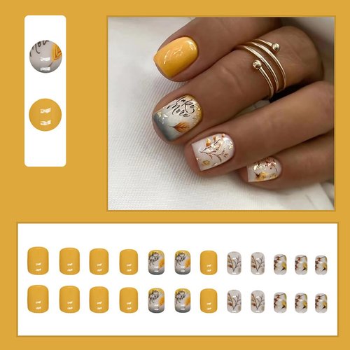 24Pcs Fall Fake Nails Short Press on Nails Yellow Leaves Full Cover Design Square Glue on Nails Autumn Maple Leaf Acrylic Nails Coffin False Nails for Women Girl Thanksgiving Nails Decoration Supplies