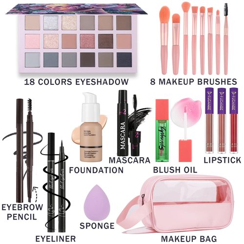 Full Makeup Kit for Women, 18 Color Eyeshadow, 3 Color Lipstick, Blush Oil, Mascara, Liquid Eyeliner, Eyebrow Pencil, Foundation, Sponge, Makeup Bag and 8pcs Makeup Brush