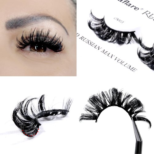 Laflare 3D False Eyelashes Russian Max Volume Strip Lashes | Fluffy, Wispy, Lightweight | Faux Mink Eyelashes Extension D Curl Wispy Handmade Soft Reusable 3 Packs Value Combo. (FDM03X3C)